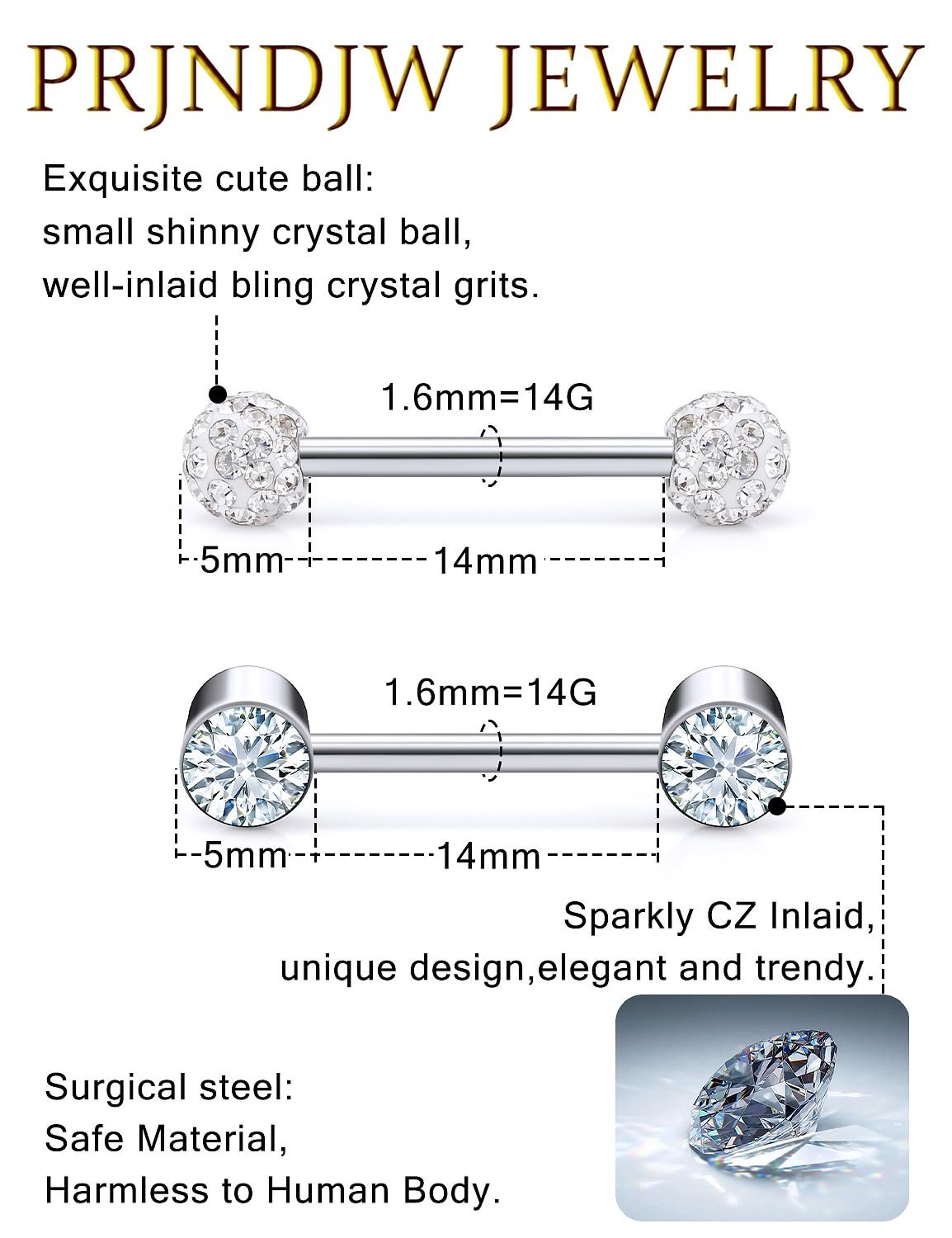 Prjndjw 8-12Pairs 14G 16G Nipple Rings Surgical Steel Tongue Rings Barbell Nipplering Diamond CZ Body Piercing Jewelry Retainer for Women Men 14mm Length Size