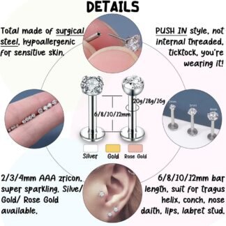 PunkTracker 16g/18g/20g Threadless Lip Rings Tragus Earrings Surgical Steel Helix Conch Cartilage Earrings Monroe Piercing Jewelry for Women Men Labret Studs