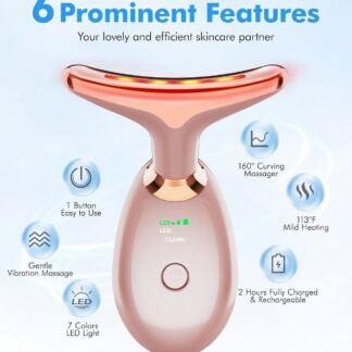 Red Light Therapy for Face and Neck, 7 Color Face Massager Tool for Wrinkles, Double Chin, Vibrating Facial Massager with Thermals for Skin Care, Rose Gold