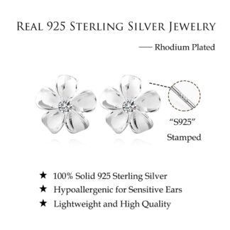 Reffeer Solid 925 Sterling Silver Plumeria Flower Stud Earrings for Women Teen Girls Crystal Flower Stud Earrings