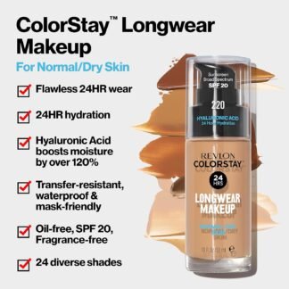 Revlon Liquid Foundation, ColorStay Face Makeup for Normal & Dry Skin, SPF 20, Longwear Medium-Full Coverage with Natural Finish, Oil Free, 130 Porcelain, 1 Fl Oz