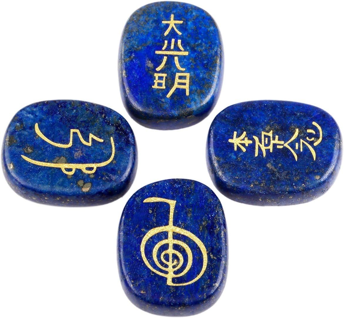 rockcloud Healing Crystal Lapis Lazuli 4pcs Engraved Chakra Stones Palm Stone Reiki Balancing - lunas-mystic-emporium.com rockcloud Healing Crystal Lapis Lazuli 4pcs Engraved Chakra Stones Palm Stone Reiki Balancing