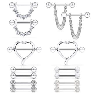 Ruifan 14G 9/16Inch Crystal Ball Nipple Tongue Shield Ring Barbell Body Piercing Jewelry Retainer 8-14PCS