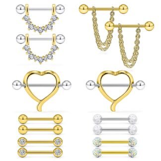 Ruifan 14G 9/16Inch Crystal Ball Nipple Tongue Shield Ring Barbell Body Piercing Jewelry Retainer 8-14PCS