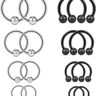 Ruifan 16-24PCS 16G Surgical Steel Horseshoe & Captive Bead Nose Hoop Septum Earring Eyebrow Tongue Lip Nipple Helix Tragus Piercing Jewelry Rings 6-16mm