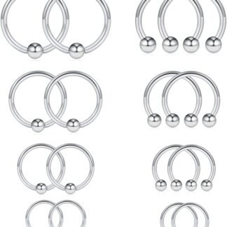 Ruifan 16-24PCS 16G Surgical Steel Horseshoe & Captive Bead Nose Hoop Septum Earring Eyebrow Tongue Lip Nipple Helix Tragus Piercing Jewelry Rings 6-16mm