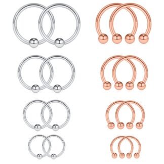Ruifan 16-24PCS 16G Surgical Steel Horseshoe & Captive Bead Nose Hoop Septum Earring Eyebrow Tongue Lip Nipple Helix Tragus Piercing Jewelry Rings 6-16mm