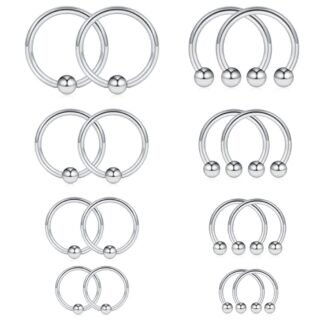 Ruifan 16-24PCS 16G Surgical Steel Horseshoe & Captive Bead Nose Hoop Septum Earring Eyebrow Tongue Lip Nipple Helix Tragus Piercing Jewelry Rings 6-16mm