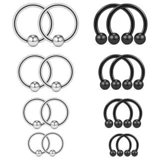 Ruifan 16-24PCS 16G Surgical Steel Horseshoe & Captive Bead Nose Hoop Septum Earring Eyebrow Tongue Lip Nipple Helix Tragus Piercing Jewelry Rings 6-16mm