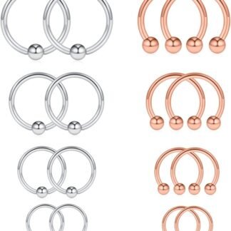 Ruifan 16-24PCS 16G Surgical Steel Horseshoe & Captive Bead Nose Hoop Septum Earring Eyebrow Tongue Lip Nipple Helix Tragus Piercing Jewelry Rings 6-16mm