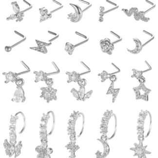 SAMOCO 20Pcs 20G Dangle Nose Ring L Shaped Dangling Nose Stud for Women Stainless Steel Nose Ring Studs CZ Flower Dangle Nose Rings Hoops Nose Piercing