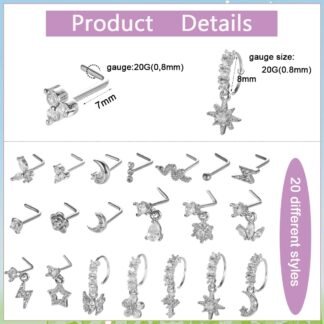 SAMOCO 20Pcs 20G Dangle Nose Ring L Shaped Dangling Nose Stud for Women Stainless Steel Nose Ring Studs CZ Flower Dangle Nose Rings Hoops Nose Piercing