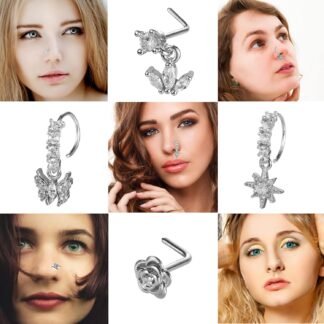 SAMOCO 20Pcs 20G Dangle Nose Ring L Shaped Dangling Nose Stud for Women Stainless Steel Nose Ring Studs CZ Flower Dangle Nose Rings Hoops Nose Piercing
