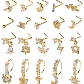 SAMOCO 20Pcs 20G Dangle Nose Ring L Shaped Dangling Nose Stud for Women Stainless Steel Nose Ring Studs CZ Flower Dangle Nose Rings Hoops Nose Piercing