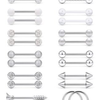 SCERRING 14G Nipple Rings Stainless Steel Nipplerings CZ Tongue Straight Barbell Rings Retainer Body Piercing Jewelry for Women 9/16Inch 12 Pairs