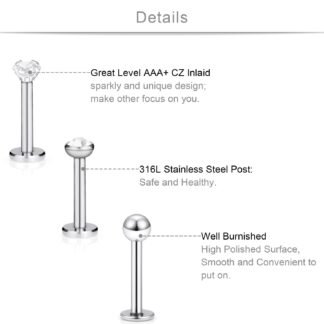 SCERRING 18PCS 16g Stainless Steel Clear Cubic Zirconia Labret Monroe Lip Tragus Cartilage Helix Earring Ring Body Piercing Jewelry 6mm 8mm 10mm