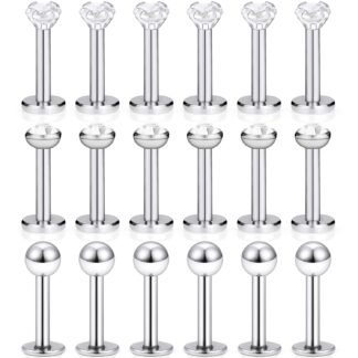 SCERRING 18PCS 16g Stainless Steel Clear Cubic Zirconia Labret Monroe Lip Tragus Cartilage Helix Earring Ring Body Piercing Jewelry 6mm 8mm 10mm