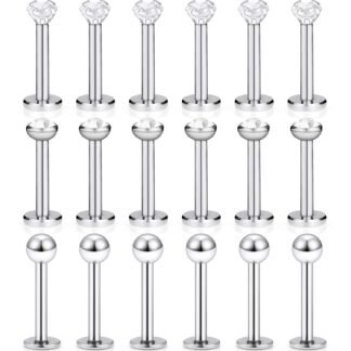 SCERRING 18PCS 16g Stainless Steel Clear Cubic Zirconia Labret Monroe Lip Tragus Cartilage Helix Earring Ring Body Piercing Jewelry 6mm 8mm 10mm