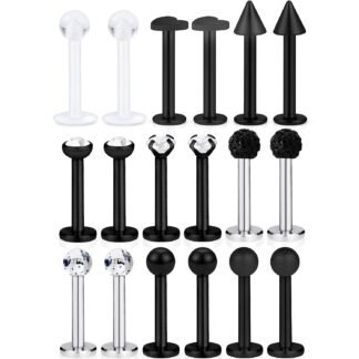 SCERRING 9 Pairs 16g Stainless Steel Clear Cubic Zirconia Labret Monroe Lip Tragus Cartilage Helix Earring Ring Body Piercing Jewelry 8mm