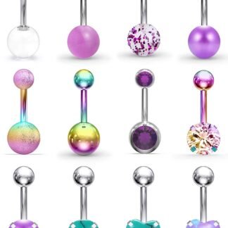 SCERRING Belly Button Rings 14G Stainless Steel Navel Belly Earring CZ Heart Opal Navel Ring Barbell Body Piercing Jewelry 12PCS