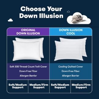 Serta Down Illusion Soft Hypoallergenic Soft/Medium Bed Pillows for Side, Stomach or Back Sleepers (2 Pack), Queen, White