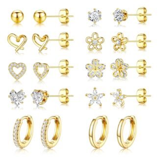 Small Gold Stud Earrings Set for Women - 14K Gold Plated CZ Huggie Hoops Hypoallergenic Earrings Dainty Flower Heart Stud Earrings for Jewelry Gift