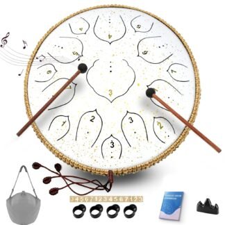 Steel Tongue Drum - 14 Inch Tongue Drum Instrument - 15 Notes Hand Pan Drums with Music Book, Handpan Drums Instrument Mallets and Carry Bag, D Major White