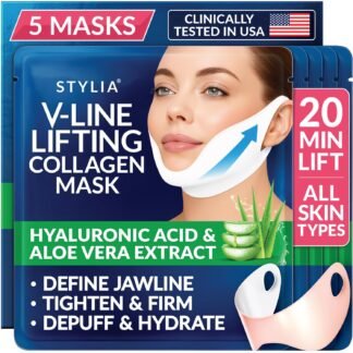 Stylia V Line Lifting Collagen Mask - Lift, Firm & Contour Jawline - Tightening Double Chin Strap with Hyaluronic Acid & Aloe - Neck Tightening and Lifting Mask - Jawline Shaper...