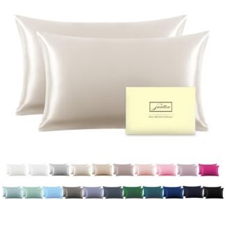SUATIEN Breathable Mulberry Silk Pillowcase Set - Soft and Silky with Hidden Zipper (Beige, 20" x 26", 2 Pack)
