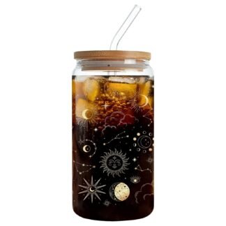 Sun Moon Magic Eyes Astrolabe Drinking Glass Cup 16 Oz with Bamboo Lid and Straws, Iced Coffee Beer Cocktail Glass Tumbler, Holiday Christmas Birthday Gift for Dad Mom Sister...