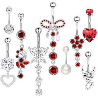 Suotarn 14G Belly Button ring Dangle Belly Rings Surgical Stainless Steel Cute Bow Butterfly Heart Flower Dangling Belly Button Piercing Jewelry For Women Silver Dainty Dangly...