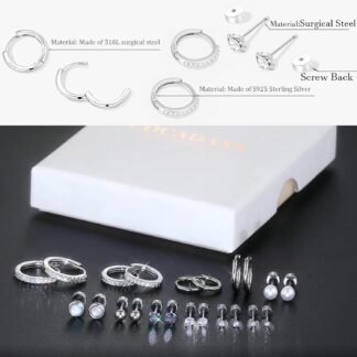 Surgical Steel Flat Back Earrings Set for Multiple Piercing Sensitive Ears,Sterling Silver Hypoallergenic Small Cartilage Huggie Hoop Earrings Titanium Tiny CZ Pearl Opal Stud...