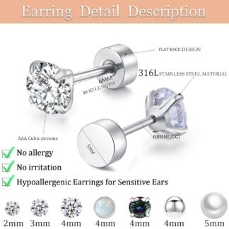 Surgical Steel Flat Back Earrings Set for Multiple Piercing Sensitive Ears,Sterling Silver Hypoallergenic Small Cartilage Huggie Hoop Earrings Titanium Tiny CZ Pearl Opal Stud...