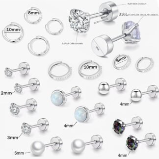 Surgical Steel Flat Back Earrings Set for Multiple Piercing Sensitive Ears,Sterling Silver Hypoallergenic Small Cartilage Huggie Hoop Earrings Titanium Tiny CZ Pearl Opal Stud...