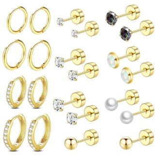 Surgical Steel Flat Back Earrings Set for Multiple Piercing Sensitive Ears,Sterling Silver Hypoallergenic Small Cartilage Huggie Hoop Earrings Titanium Tiny CZ Pearl Opal Stud...