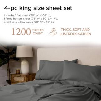 Threadmill 100% Supima Cotton Sheets, Luxury 1200 Thread Count Cotton Sheets for King Size Bed, 4 Pc Dark Grey King Bed Sheet Set, 5-Star Hotel Quality with Elasticized Deep...