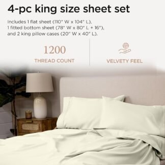 Threadmill 100% Supima Cotton Sheets, Premium 1200 Thread Count Cotton Sheets for King Size Bed, 4 Pc Ivory King Bed Sheets Set, 5-Star Hotel Quality with Elasticized Deep...