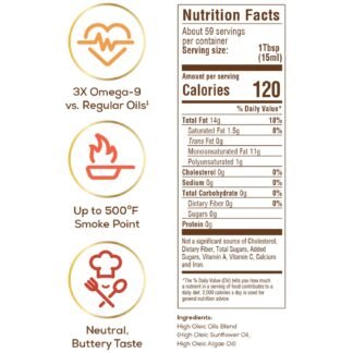 Thrive Oleic Rich Cooking Oil Blend - Heart and Health-Conscious Oil, Rich in Omega-9 Monounsaturated Fat (80%), Very Low Omega-6 Sunflower and Algae Oil, 30 fl oz Squeeze...