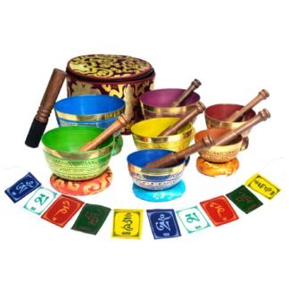 Tibetan Singing Bowl Set Of 7, Authentic 7 Metals, 7 Chakra Colors Mantra Chant Decorated Himalayan Singing Bowl For Chakra Healing, Meditation, Deep Relaxation, Stress Relief,...