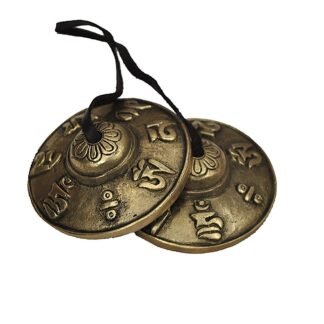 Tibetan Yoga Meditation Cymbals Hand Bell - Musical Instruments Manjeera - Traditional Percussion Instrument Indian folk devotional music - OM Mane Padme Hum Symbols Embossed
