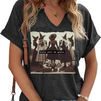 TIXOM Womens Fall Halloween Thanksgiving V Neck Shirt Holiday Funny Family Matching Graphic Tee Casual Autumn Tops