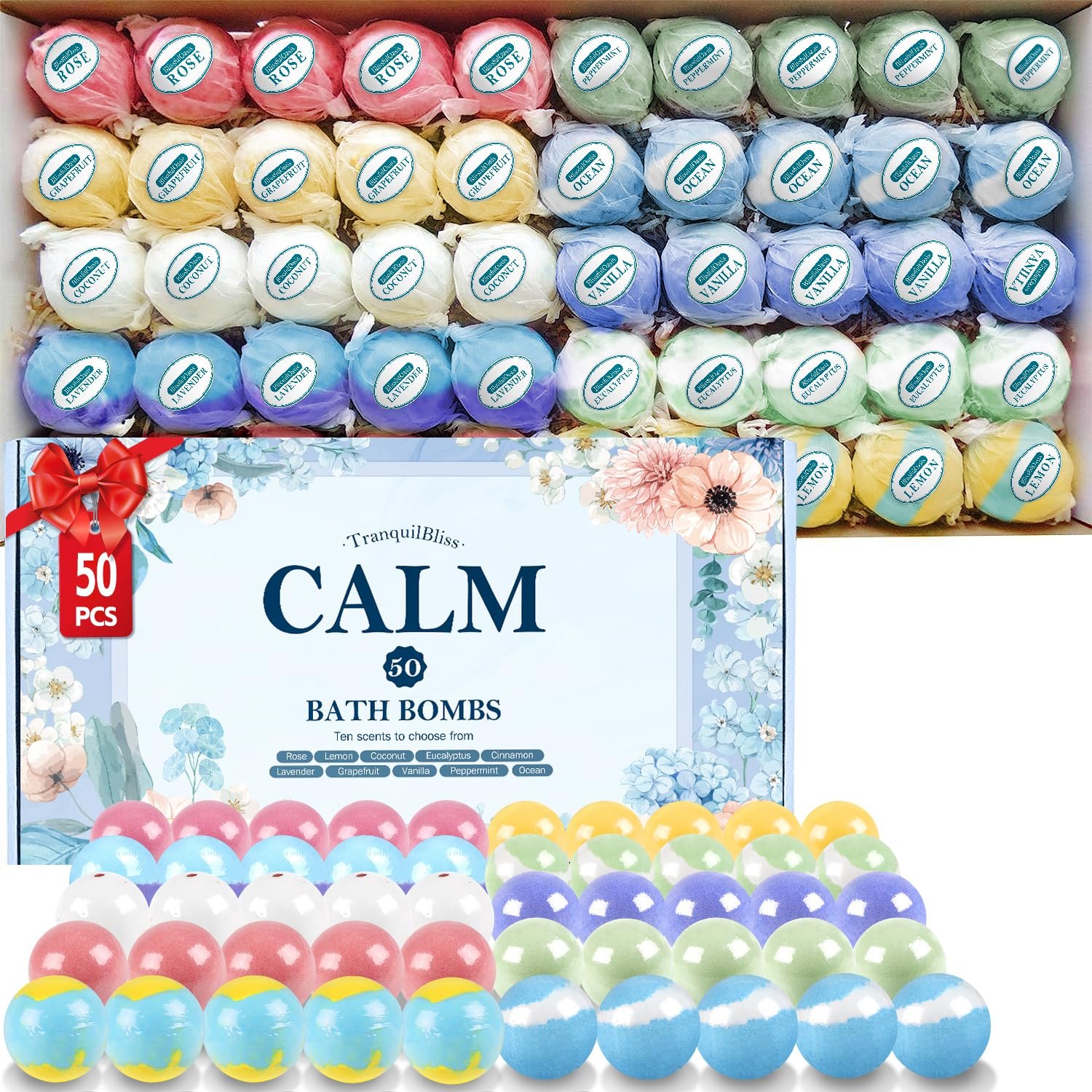 TranquilBliss Bath Bombs Set 50 PCS with 10 Rich Scents Bath Bombs for Women Natural Bubble Bombs with Shea Butter Safe Oil Ideal for Valentines Birthday Mothers Day - lunas-mystic-emporium.com TranquilBliss Bath Bombs Set 50 PCS with 10 Rich Scents, Bath Bombs for Women, Natural Bubble Bombs with Shea Butter & Safe Oil, Ideal for Valentines, Birthday, Mother's Day...