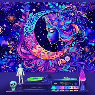 TUGCAY Blacklight Moon and Star Tapestry, UV Reactive Mandala Sun Tapestry Starry Night Tapestries Wall Hanging for Bedroom Dorm Decor(51.2 x 59.1 Inches)