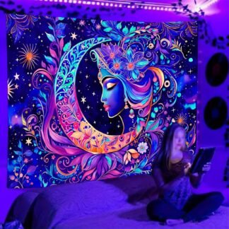 TUGCAY Blacklight Moon and Star Tapestry, UV Reactive Mandala Sun Tapestry Starry Night Tapestries Wall Hanging for Bedroom Dorm Decor(51.2 x 59.1 Inches)
