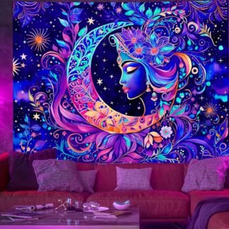 TUGCAY Blacklight Moon and Star Tapestry, UV Reactive Mandala Sun Tapestry Starry Night Tapestries Wall Hanging for Bedroom Dorm Decor(51.2 x 59.1 Inches)