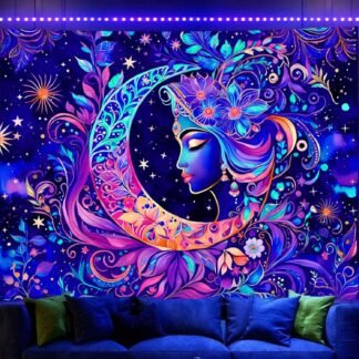 TUGCAY Blacklight Moon and Star Tapestry, UV Reactive Mandala Sun Tapestry Starry Night Tapestries Wall Hanging for Bedroom Dorm Decor(51.2 x 59.1 Inches)