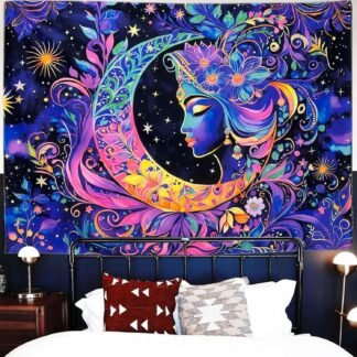 TUGCAY Blacklight Moon and Star Tapestry, UV Reactive Mandala Sun Tapestry Starry Night Tapestries Wall Hanging for Bedroom Dorm Decor(51.2 x 59.1 Inches)