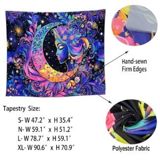 TUGCAY Blacklight Moon and Star Tapestry, UV Reactive Mandala Sun Tapestry Starry Night Tapestries Wall Hanging for Bedroom Dorm Decor(51.2 x 59.1 Inches)