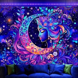 TUGCAY Blacklight Moon and Star Tapestry, UV Reactive Mandala Sun Tapestry Starry Night Tapestries Wall Hanging for Bedroom Dorm Decor(51.2 x 59.1 Inches)