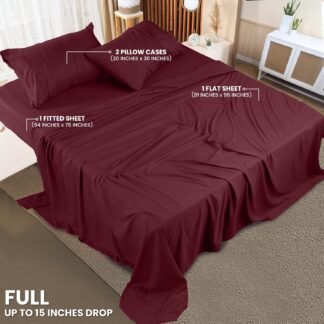 Utopia Bedding Full Sheet Set – 4 Piece Bed Sheets for Full Size Bed, Soft and Breathable Microfiber, Includes 1 Fitted Sheet, 1 Flat Sheet and 2 Pillowcases (Burgundy)